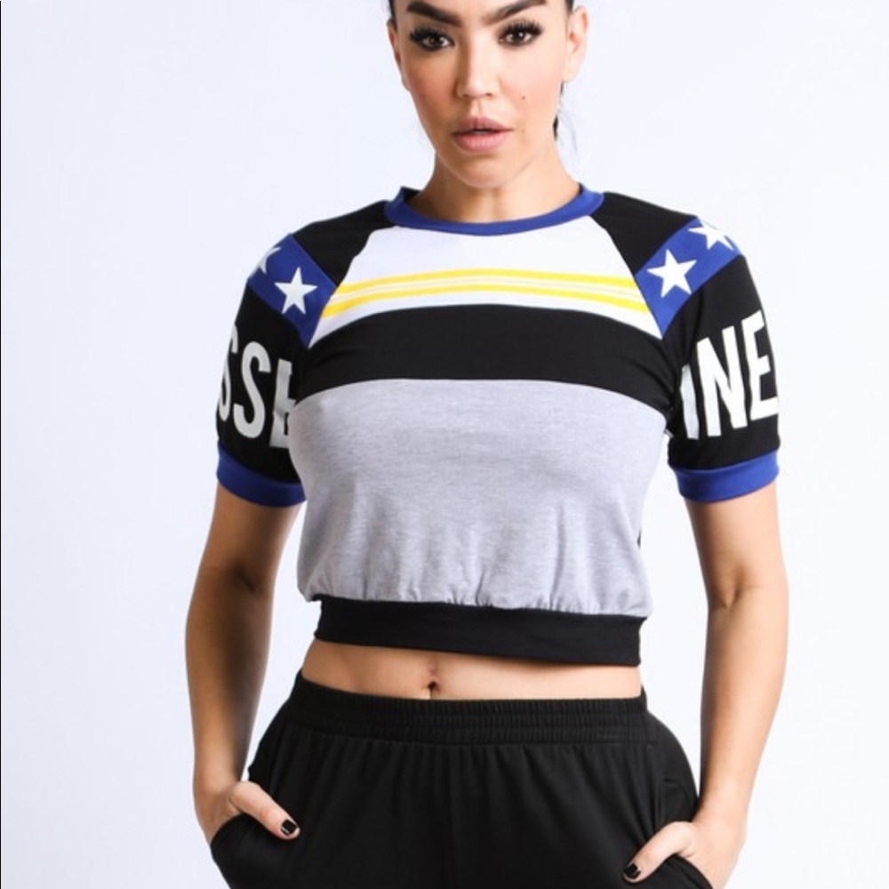 Black Blue Gray Crop Top Star Print Shirt